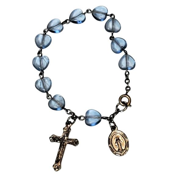 Vtg Pocket Bracelet Rosary Light Blue Beads 6" Religion Spiritual - Picture 1 of 4